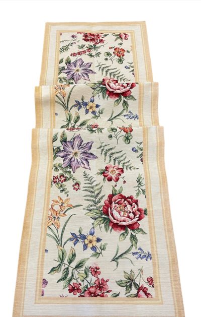 Tafelloper - luxe gobelinstof - Amara - Closed - rode en paarse bloem op creme achtergrond - Loper 140 cm