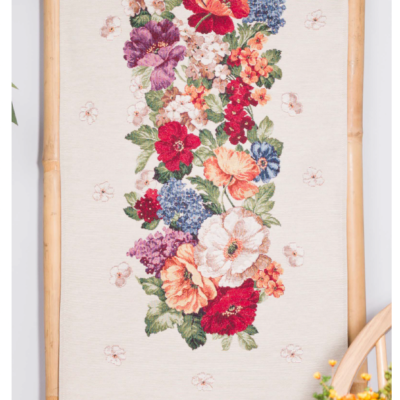 Tafelloper - Luxe gobelinstof -Allison - C - Kleurige grote bloemen in rand - creme kleurige achtergrond - Loper 100 cm