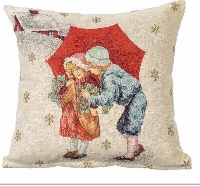 Kussenhoes - Gobelinstof - Kerst - Kinderen met paraplu en hulst - 45 cm