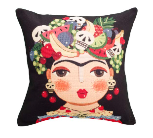 Kussenhoes – Luxe Gobelinstof – Frida Kahlo – Zwart – fruit en doodshoofd in haarband – 45 x 45 cm