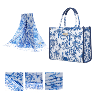 Bundel - Luxe City Bag en Pashmina - Chinoiserie - Blue - Blauw